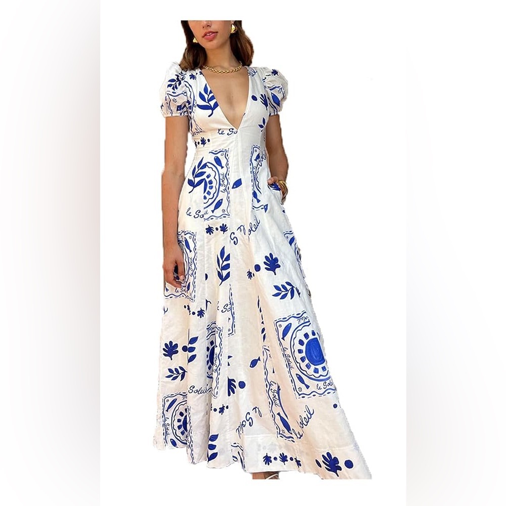 Elegant White and Blue Maxi Dress with Floral Print